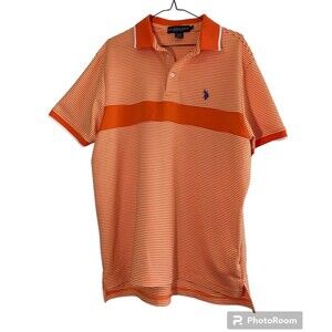 US Polo Assn Men's Polo Shirt L Orange White Striped Short Sleeve Blokecore Logo